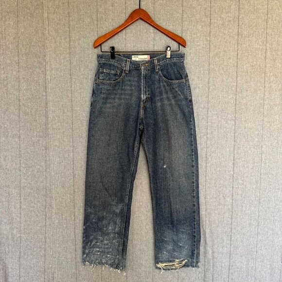 Vintage Levi's 569 Loose Straight Dark Dirty Denim Distressed Bottom Hem Jeans - Picture 1 of 16